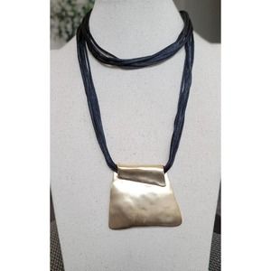 Hammered Metal Pendant Necklace on Black Nylon / Silk Cords Signed Chico's